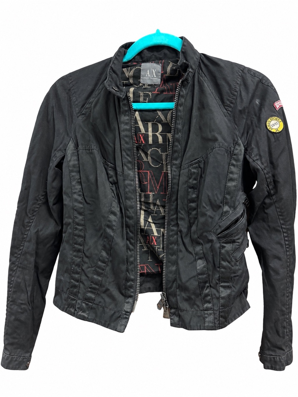 A|X Armani Exchange Black Zip Jacket Milan New York Patches Size XS